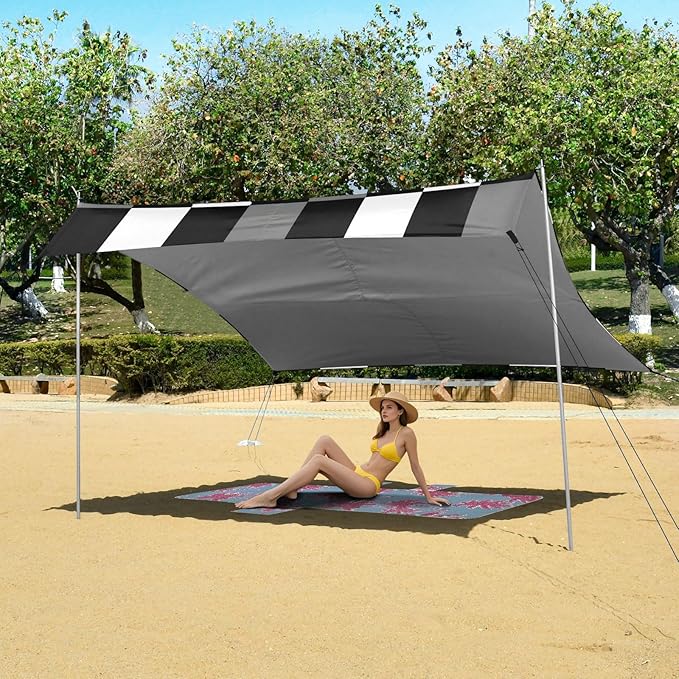 xigua Plaid Beach Tent Sun Shelter with Carrying Bag - Silver Coated Oxford Fabric Beach Canopy for Beach Camping Fishing - Includes Windproof Ropes Sandbags &amp Stakes
