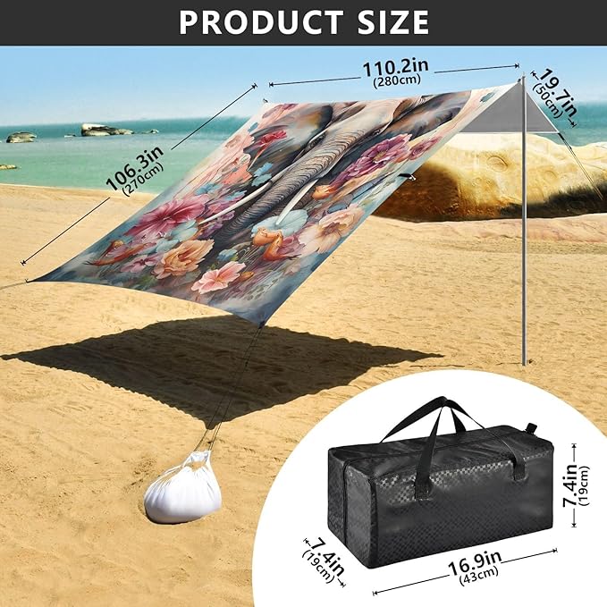 ALAZA Elephant Flowers Waterdolor Beach Tent Sun Shelter UPF50+ Protection Beach Shade Canopy w/ 4 Sandbags for Outdoor Camping Fishing Backyard Fun Picnic 10x9 ft
