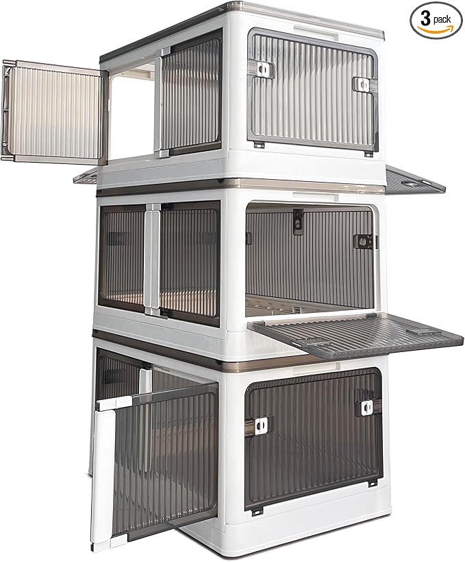 Stackable Storage Bins with Doors - 3 Tier 80Qt Each Plastic Collapsible Storage Bins with Wheels Foldable Storage Cabinet for Closet Organizers(60 Gal/240 Qt)