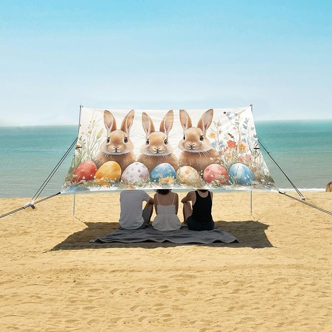 Spring Easter Cute Bunny Beach Tent Sun Shelter Set UPF50+ UV Protection 10.5 x 9.19 FT Camping Shade Canopy with Sandbags Sand Anchors Carrying Bag and Others