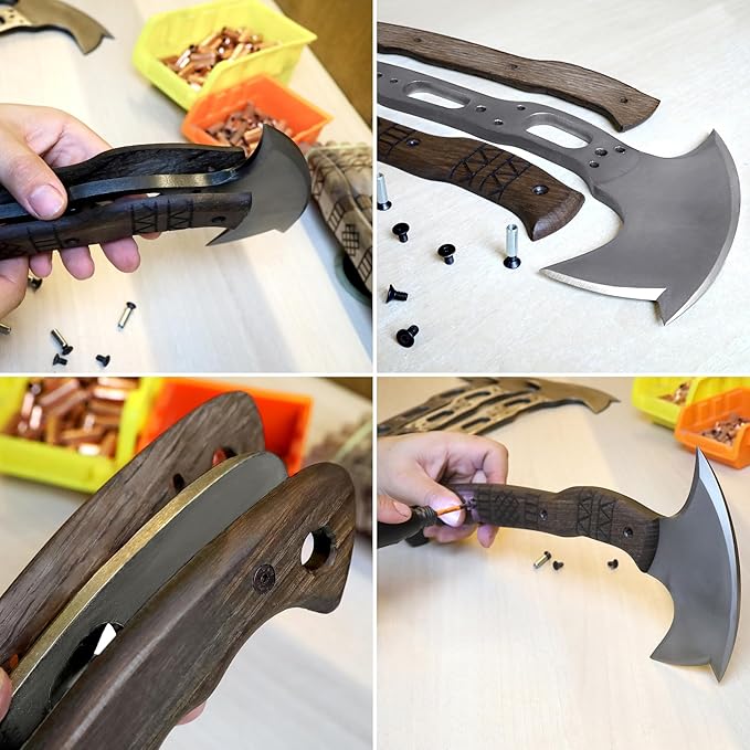 AncientSmithy Tomahawk Axe - Handmade Tactical Tomahawk Hatchet - Full Tang Combat Axe for Military Camping and Outdoor Activities (Three Spikes Oak Handle Kydex Sheath)
