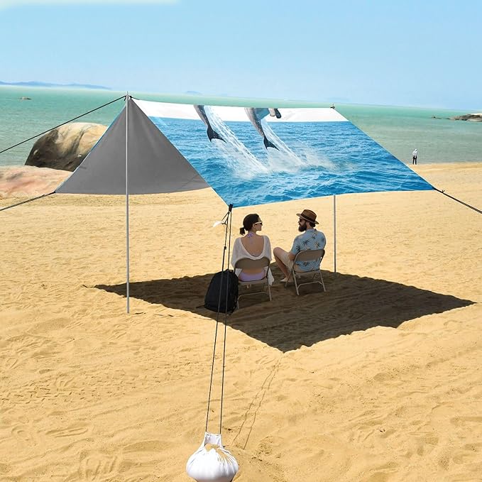 Dolphin Beach Canopy Sun Shelter with Sandbags &amp Sand Shovel &amp Windproof Ropes - Portable 110x126 Beach Shade Beach Tent for Camping Picnics