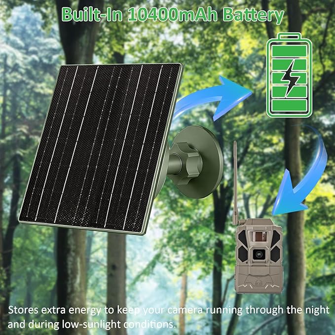 FUTUREZEN 10W Solar Panel for Trail Cameras DC &amp USB-C Solar Charger with 10400mAh Battery 6V/12V Adjustable Output IP66 Waterproof 9.8ft Cable