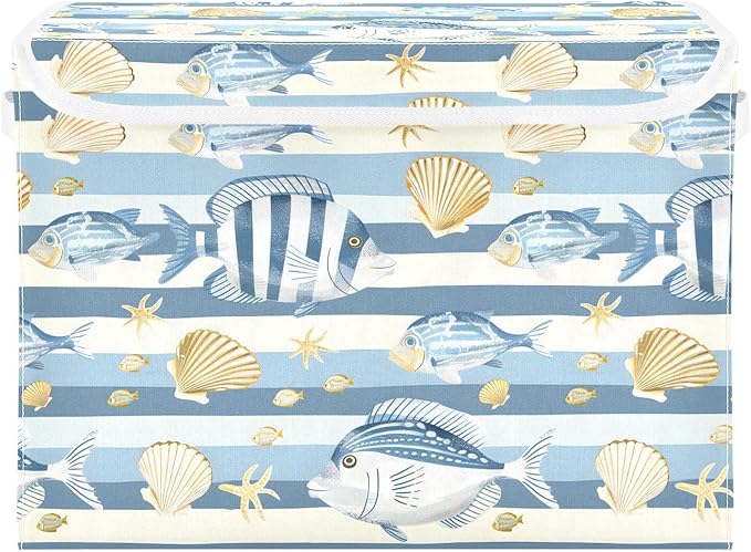 senya Large Storage Bins with Linen Collapsible Foldable Storage Cubes Fabric Closet Organizer Containers box with Flip-Top Lid for Home Bedroom Office 16.7 x 12.6 x 11.8in (Fish Shells Light Blue)