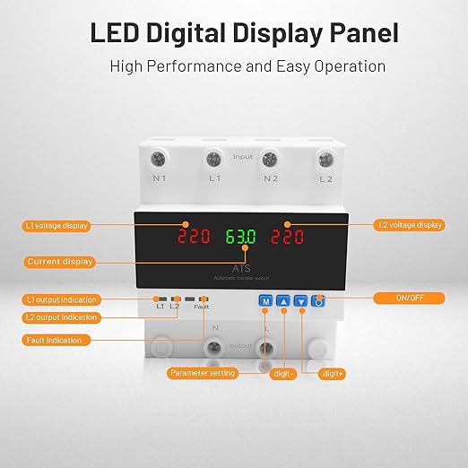 Automatic Transfer Switch 63A 110V/220V Dual Power Selector for Generator &amp Backup Inverter L1 Priority DIN Rail MountATS Adjustable Emergency Power Switch with Guide Rail(110V and 220V Availa
