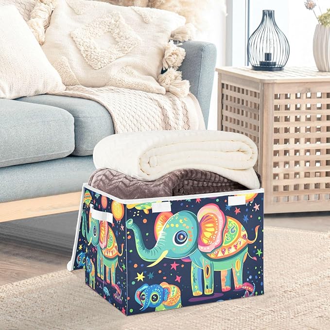 Collapsible Storage Bins with Lids Decorative Fabric Storage Cubes Closet Organizer and Storage Basket Boxes Containers for Clothes Box Chest Nursery Folding Rectangle Elephants Aliens Cartoo