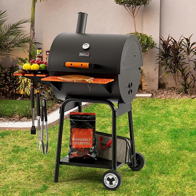 Royal Gourmet CC2024 24 Inch Charcoal Barrel Grill with Warming Rack Outdoor BBQ Grill with Wooden Front and Side Shelves for Backyard Patio and Parties Black