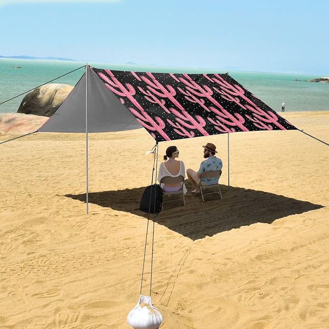 ALAZA Pink Cactus Cacti Beach Tent Sun Shelter UPF50+ Protection Beach Shade Canopy w/ 4 Sandbags for Outdoor Camping Fishing Backyard Fun Picnic 10x9 ft