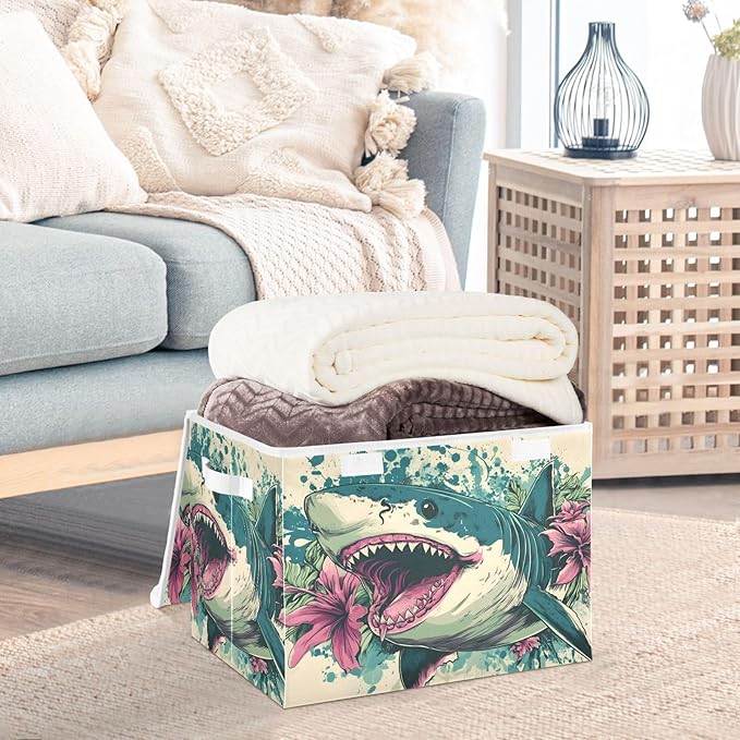 Storage Cube with Lid Floral Fish Print 16.5×12.6×11.8 IN Collapsible Large Capacity Foldable Storage Basket Bin Organizer