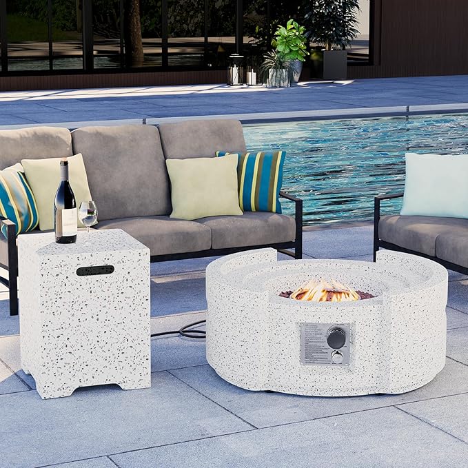 HOMPUS Round Propane Fire Pit Table w Free Lava Rocks &amp Rain Cover Terrazzo Colorful Pit Table for Patio Outside
