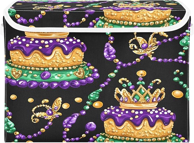 Doodle Mardi Gras King Cake Pattern-1735032947326 Foldable Storage Baskets Fabric Boxes with Handle Organizers with Flip-Top Lids Storage Bins for Home Bedroom Office