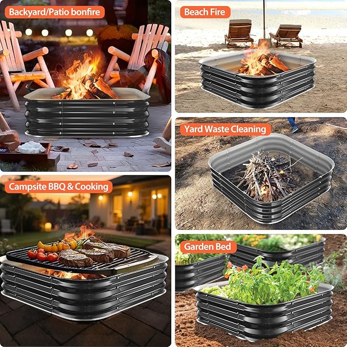 Fire Pit Ring36in Heavy Duty Square Firepit for Outside11'' Tall Galvanized Steel Wood Burning Bonfire PitsPortable Outdoor Fireplaces for BackyardCampingPatioBeach