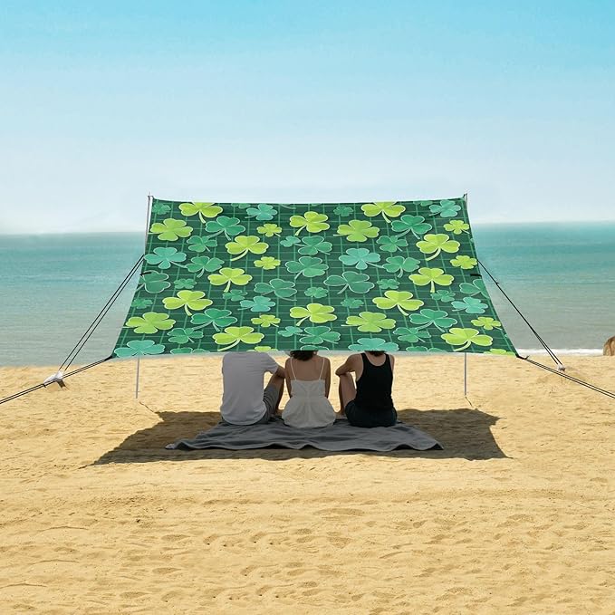 Beach Canopy with Windproof Ropes &amp Sandbags Beach Tent Sun Shade Sun Shelter for Camping Trips Fishing Backyard Fun or Picnics St. Patrick's Day Clover