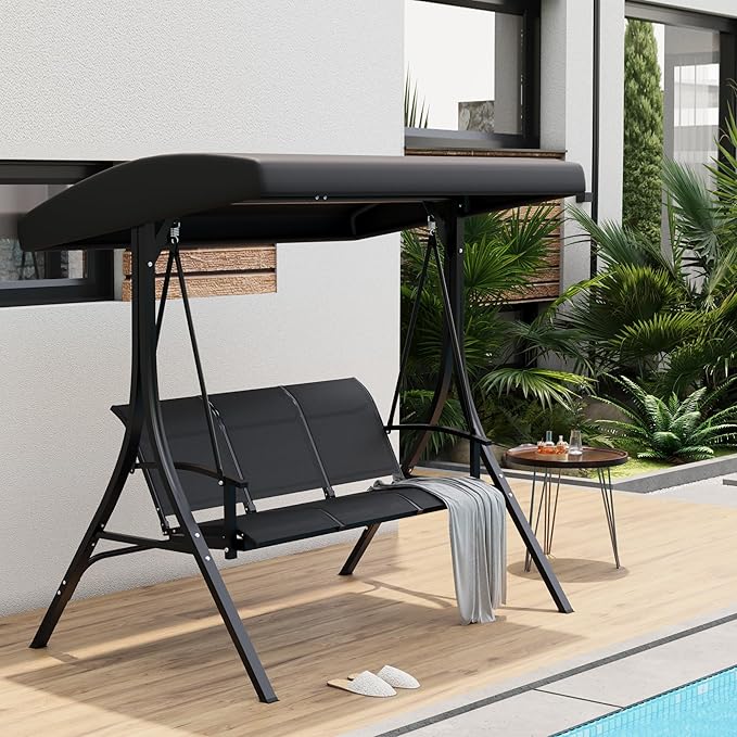 3-Seat Patio Swing Chair with Adjustable Canopy - Heavy-Duty Outdoor Porch Swing for Adults with Breathable Textilene Armrests Seat- Perfect for Backyard Poolside &amp Garden Relaxation Black