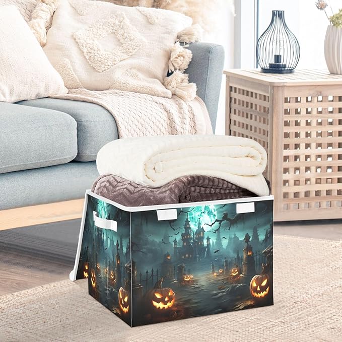 YETTASBIN Halloween Pumpkin Storage Basket with Lid and Handles Large Collapsible Fabric Storage Bins Sturdy Storage Organizer for Shelves Closet Bedroom School Office Home Decor