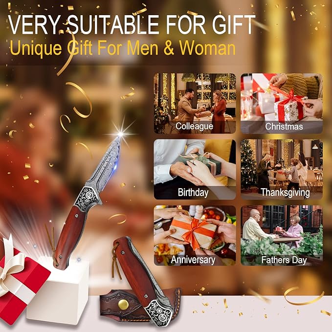 KOMWERO Damascus Pocket Knife VG10 Damascus Steel Folding Knife with Wood Handle Leather Sheath Liner Lock EDC Knife for Outdoor Survival Hunting Collection