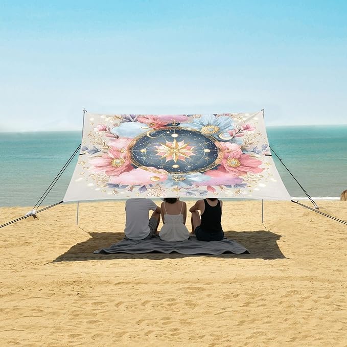 ALAZA Compass Moon Star Flowers Beach Tent Sun Shelter UPF50+ Protection Beach Shade Canopy w/ 4 Sandbags for Outdoor Camping Fishing Backyard Fun Picnic 10x9 ft