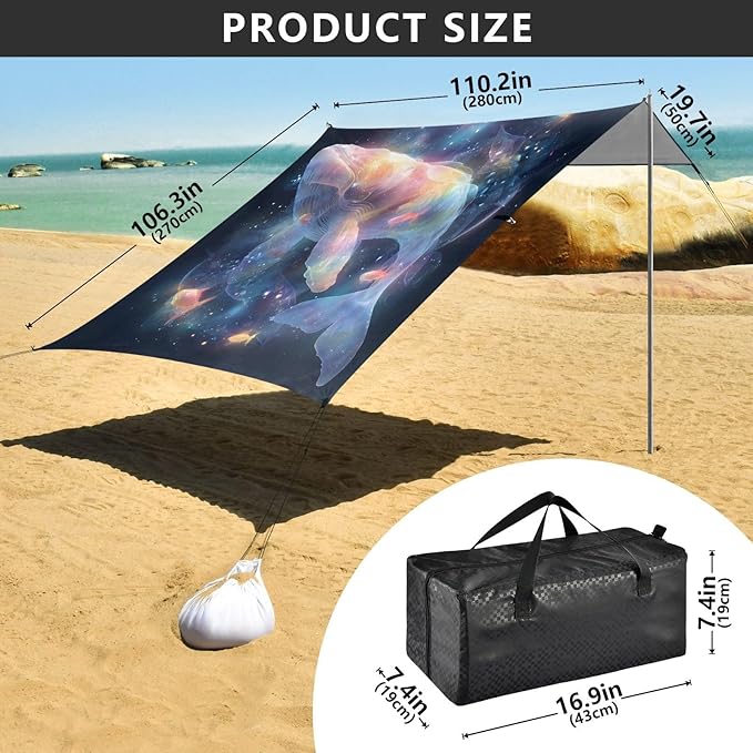 ALAZA Rainbow Whale Dreamy Beach Tent Sun Shelter UPF50+ Protection Beach Shade Canopy w/ 4 Sandbags for Outdoor Camping Fishing Backyard Fun Picnic 10x9 ft