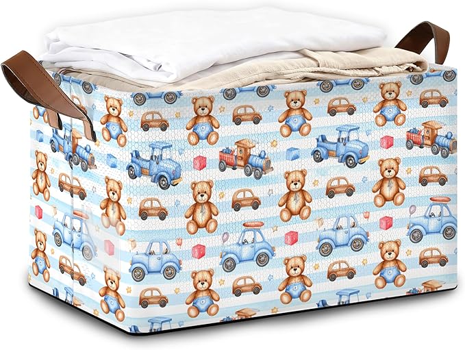 32L Large Storage Bins with Handles Basket Organizer for Shelves Closet Books Laundry &amp Home Decor (Cute Bear Car)