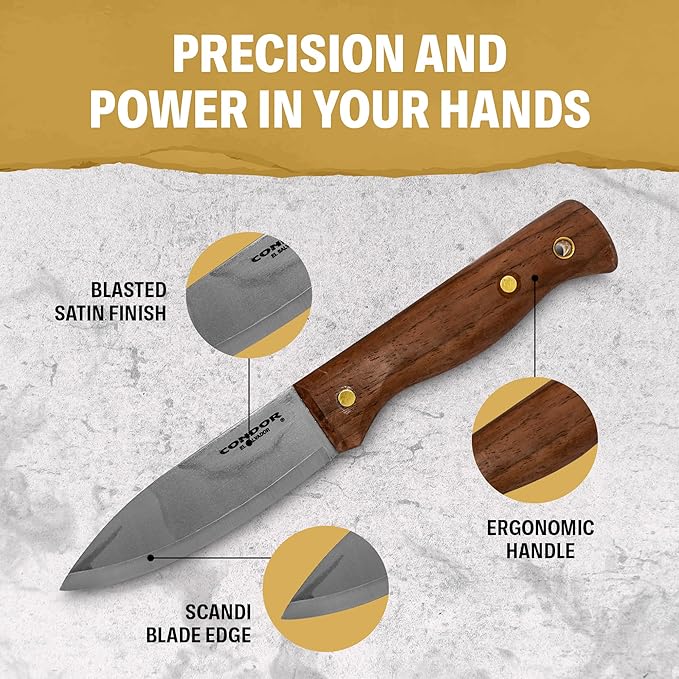 Condor Bushlore Knife - Bushcraft Knife - 1075 High Carbon Steel - Walnut Handle - Scandi Grind - Small Fixed Blade Knives - Hand Crafted Leather Sheath - 3mm Thick - 4.3in Blade - 6.1 oz