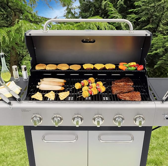Kenmore 6-Burner Propane Gas BBQ Grill with Side Burner 73000 BTUs Stainless Steel Cabinet Grill with Cast Iron Grates for Outdoor Cooking Backyard BBQ Patio Large Parties