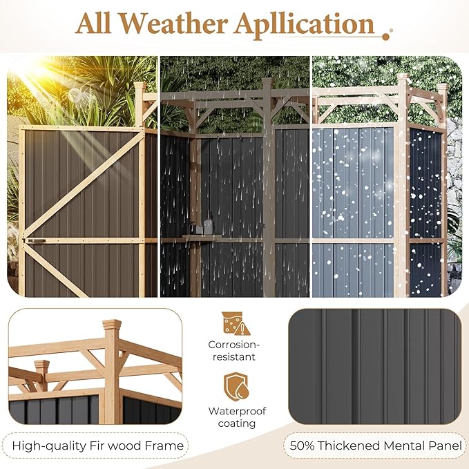 EROMMY Outdoor Shower Enclosure with Lockable Door Weatherproof Outdoor Shower Stall with Metal Panels Hooks &amp Shelves - Perfect for Pool Wash Station Backyard &amp Beach Rinse Area Large Vers