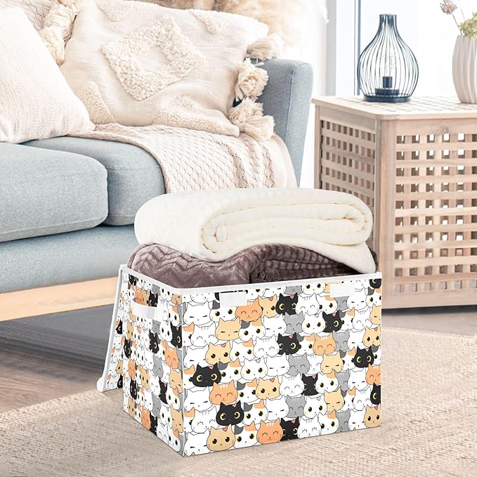Storage Box Cat Cartoon Closet Storage Bins with Lids Foldable Oxford Fabric Storage Box for Home Bedroom Closet Office (16.5x12.6x11.8 in)