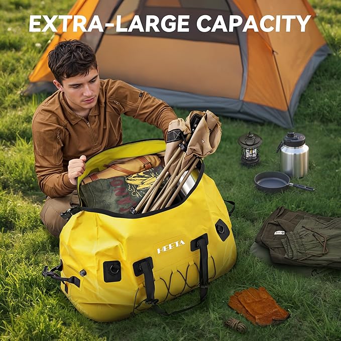 HEETA Waterproof Duffel Bag Motorcycle Dry Bag Backpack 60L/80L Extra Large Rolltop Travel Duffle Bags with Straps &amp Handles for Kayaking Rafting Boating Canoeing Camping Gym Beach Cruise Ship