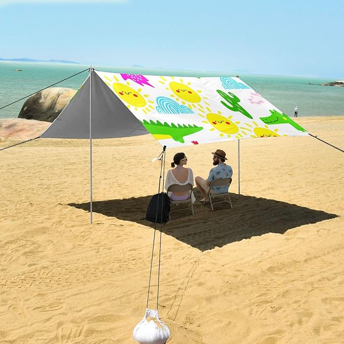 xigua Crocodiles Beach Tent Sun Shelter with Carrying Bag - Silver Coated Oxford Fabric Beach Canopy for Beach Camping Fishing - Includes Windproof Ropes Sandbags &amp Stakes