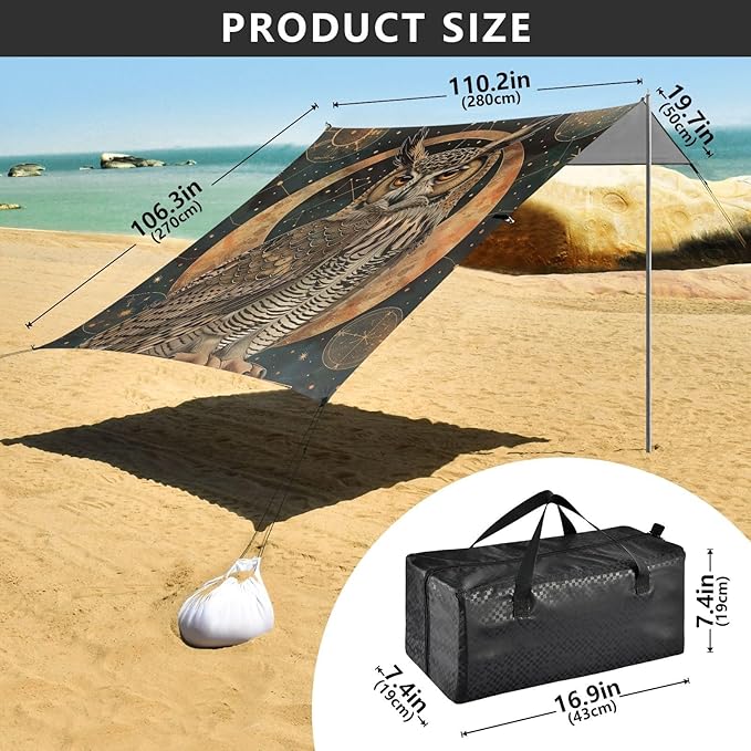 ALAZA Boho Owl Moon Gloden Beach Tent Sun Shelter Portable Canopy Sunshade for Outdoor Camping Picnics Backyard Fun 10x9 ft