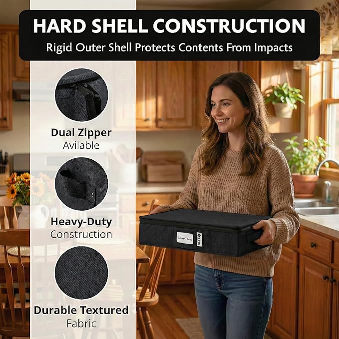 Platter Storage Containers - Hard Shell Protection for Fine China Sturdy Dish Organizer with Dividers for Seasonal Storage Moving &amp More - Protects up to 4 Platters (Black)