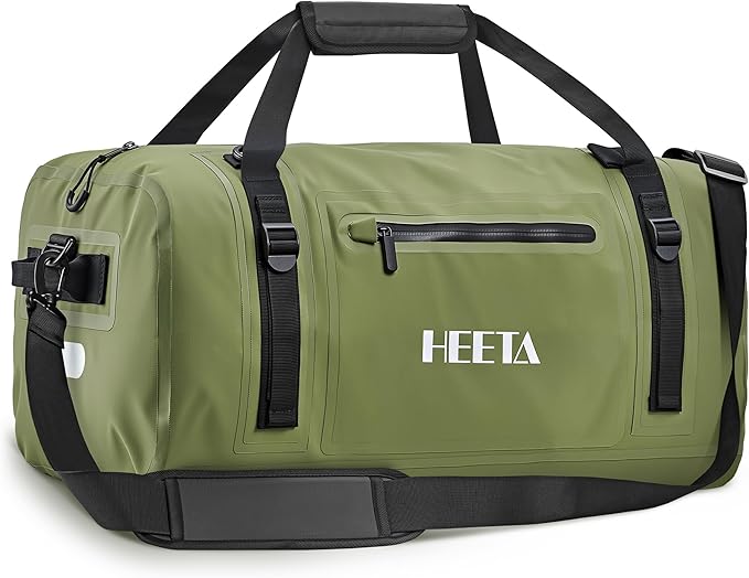 HEETA Waterproof Motorcycle Dry Bag Waterproof Duffel Luggage Travel Bags with Zippered Closure &amp Pocket Shoulder Straps Large Space for Motorcycling Camping Commuting Boating (Green 50L)