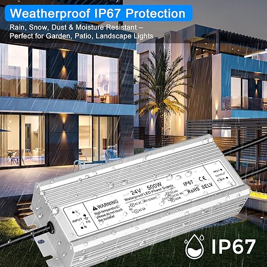 24V 500W LED Power Supply IP67 Waterproof LED Driver AC 110V to DC 24 Volt 20.83A Low Voltage Transformer Converter for Outdoor LED Lights Lighting Projects &amp Industrial 3-Prong Plug &amp 3.3