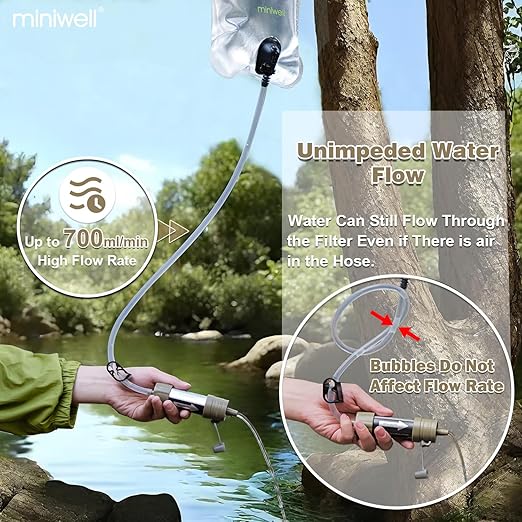 Miniwell L630 Portable Water Filter with Upgraded Vacuum Packaging - 25 Year Storage Long Lasting and Versatile Usage Options 2 Pack Filter and 1L Bottles
