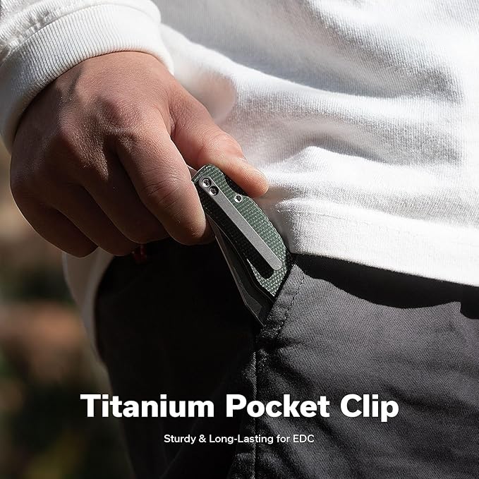 CIVIVI Clingman EDC Pocket Folding Knife with Titanium Reversible Clip 2.99 Nitro-V Blade Micarta Handle Liner Lock Knife Gift for Men Women C23065-4 (Green)