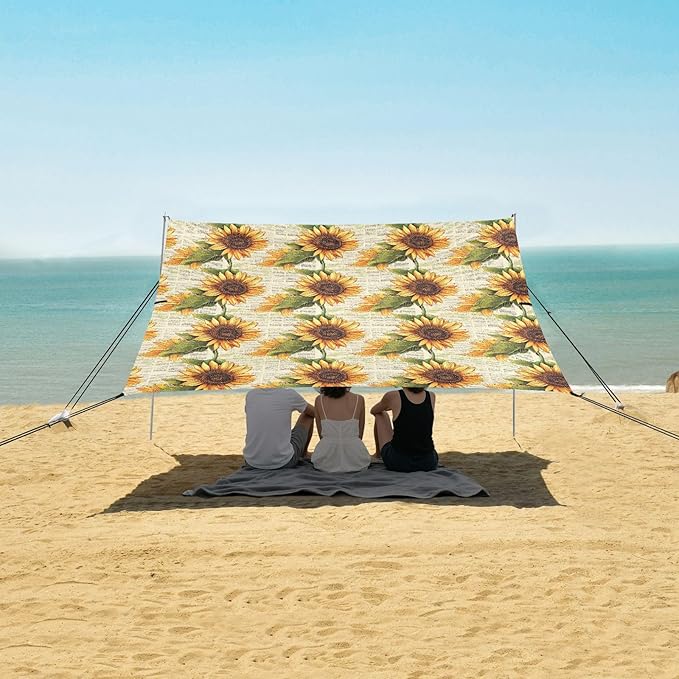 ALAZA Sunflower on Magzine Beach Tent Sun Shelter UPF50+ Protection Beach Shade Canopy w/ 4 Sandbags for Outdoor Camping Fishing Backyard Fun Picnic 10x9 ft