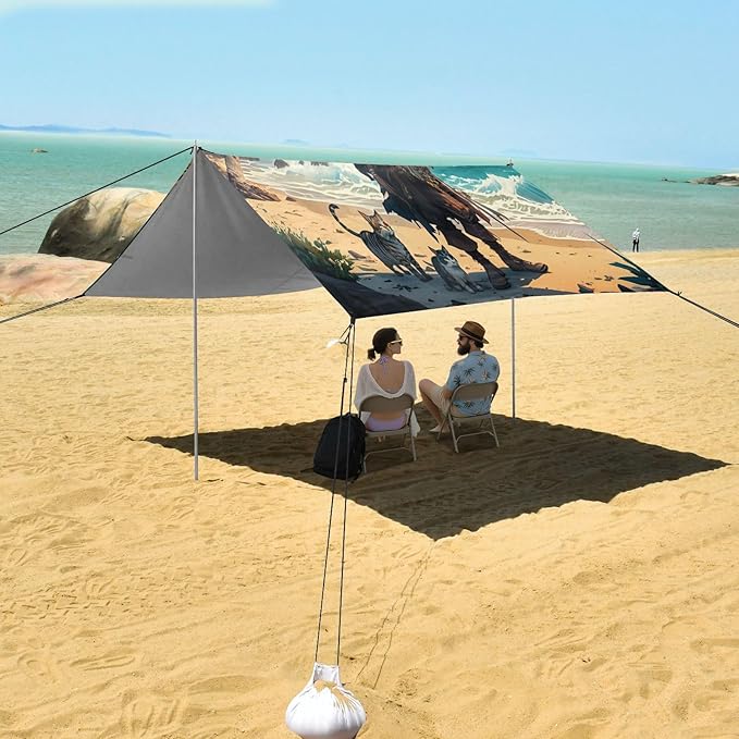 xigua Pirate Beach Tent Sun Shelter with Carrying Bag - Silver Coated Oxford Fabric Beach Canopy for Beach Camping Fishing - Includes Windproof Ropes Sandbags &amp Stakes