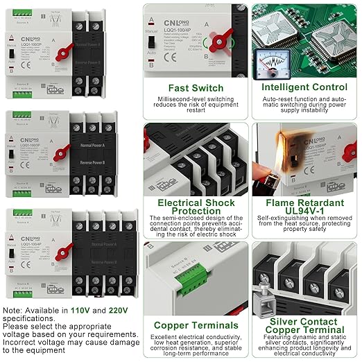 AC110V/120V 100Amp Automatic/Manual Transfer Switch 4P 50/60Hz 4Poles Mini ATS Auto Dual Power Switch Automatic Changeover Fast Transfer for Home Generator Soalr Rv and Lv Power