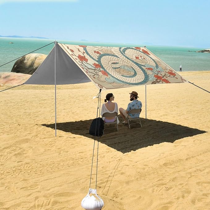 xigua Dragon Beach Tent Sun Shelter with Carrying Bag - Silver Coated Oxford Fabric Beach Canopy for Beach Camping Fishing - Includes Windproof Ropes Sandbags &amp Stakes
