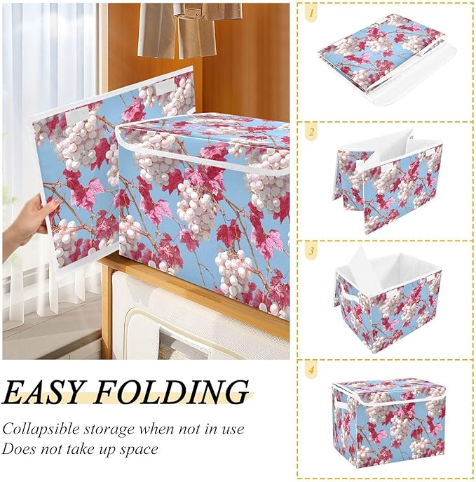 Grape Pattern Print Storage Basket Bins with Lid Foldable Flip-top with Handle for Home Office 16.5×12.6×11.8 in 1 Pack