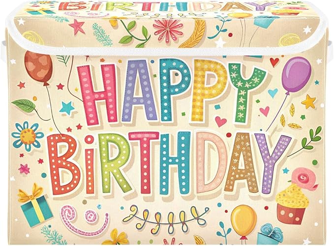 Happy Birthday Beige Large Storage Bins with Linen Foldable Storage Cubes Fabric Closet Organizer Containers box with Flip-Top Lid for Home Office Closet 16.5” x 12.6” x 11.8”