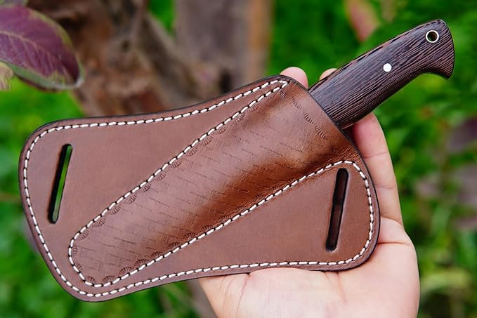 Ottoza Full Tang Bushcraft Knife with 1095 Carbon Steel Fixed Blade - Survival and Outdoor Camping Knife - Wenge Wood Handle Brown Leather Sheath 428