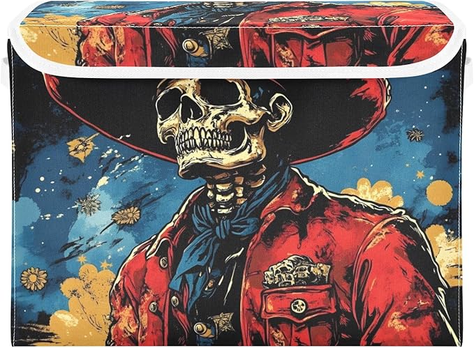 AIXIWAWA Lidded Storage Cube (Anime Skull Cowboy) Fabric Foldable Closet Bins with Flip Lid and Handles Organizer Basket Container 16.5 x 12.6 x 11.8 IN