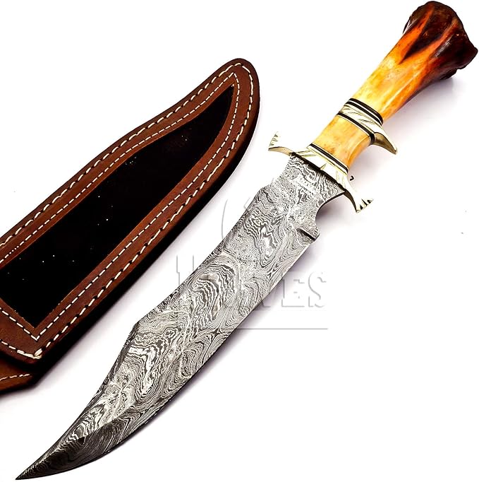 Hand Made Damascus Steel Collectible Bowie Knife Handle Camel Bone (Red)