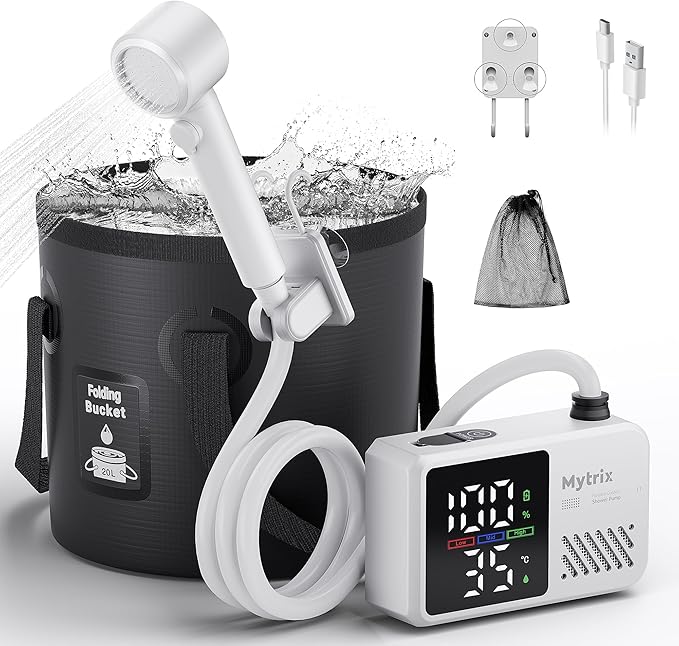 Mytrix Portable Camping Shower Pump with Foldable Bucket 10L/Min High Flow 7800mAh Rechargeable Battery 4 Spray Modes IPX8 Waterproof Outdoor Shower for Hiking Travel &amp Pets