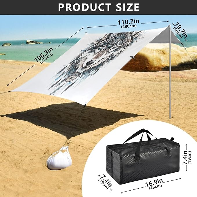 ALAZA Boho Wolf Head Hand Draw Beach Tent Sun Shelter UPF50+ Protection Beach Shade Canopy w/ 4 Sandbags for Outdoor Camping Fishing Backyard Fun Picnic 10x9 ft