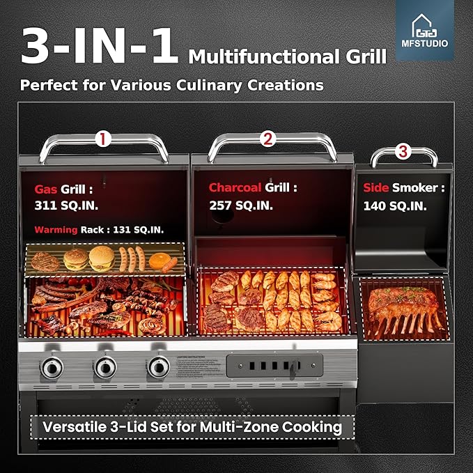 MFSTUDIO Gas and Charcoal Grill Combo with Side Smoker Heavy Duty Dual Fuel BBQ Grill with Porcelain-Enamel Grates Perfect for Outdoor Grilling 840 SQIN Cooking Area