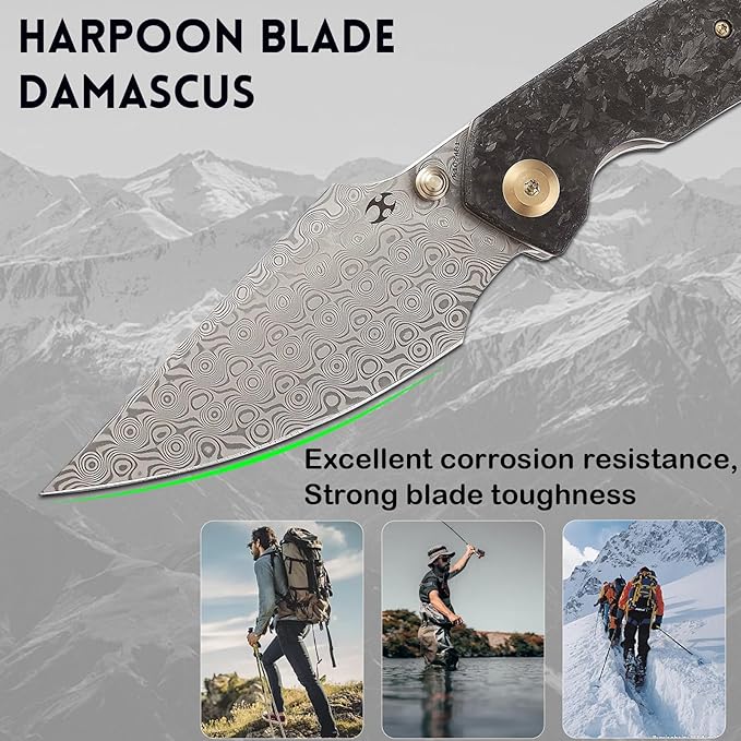KANSEPT Fenrir Pocket Knife 3.48 Damascus Harpoon Blade Plain Titanium Handle Shred Carbon Fiber Inlay Thumb Stud &amp Liner Lock with Deep Clip EDC Knives for Camping Hunting Survival K1034B1