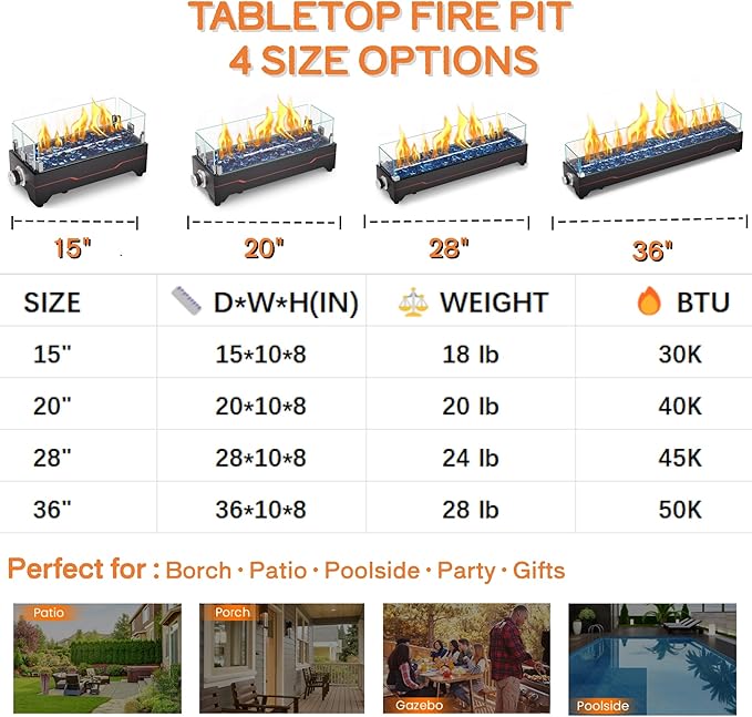 GRISUN Tabletop Fire Pit28 Inch Propane Fire Pit Table45000 BTU Table Top Firepit with Glass Wind GuardStainless Steel BurnerFire GlassPortable Propane fire Pit for Patio Camping Backyard &amp