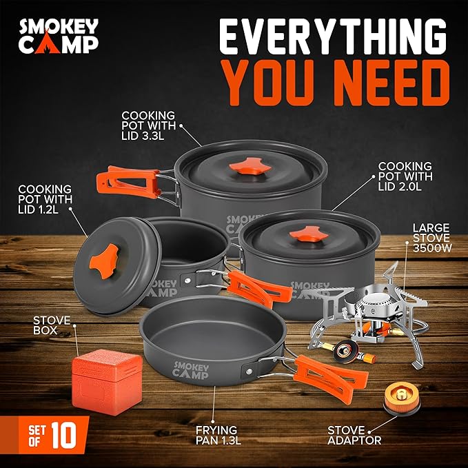 Smokey Camp Camping Cookware Mess Kit Set with Stove - Backpacking Camping Pots and Pans Set All in One Non-Stick Camping Cooking Set Portable Stove Hiking Picnic Outdoor &amp Camping Cookware S